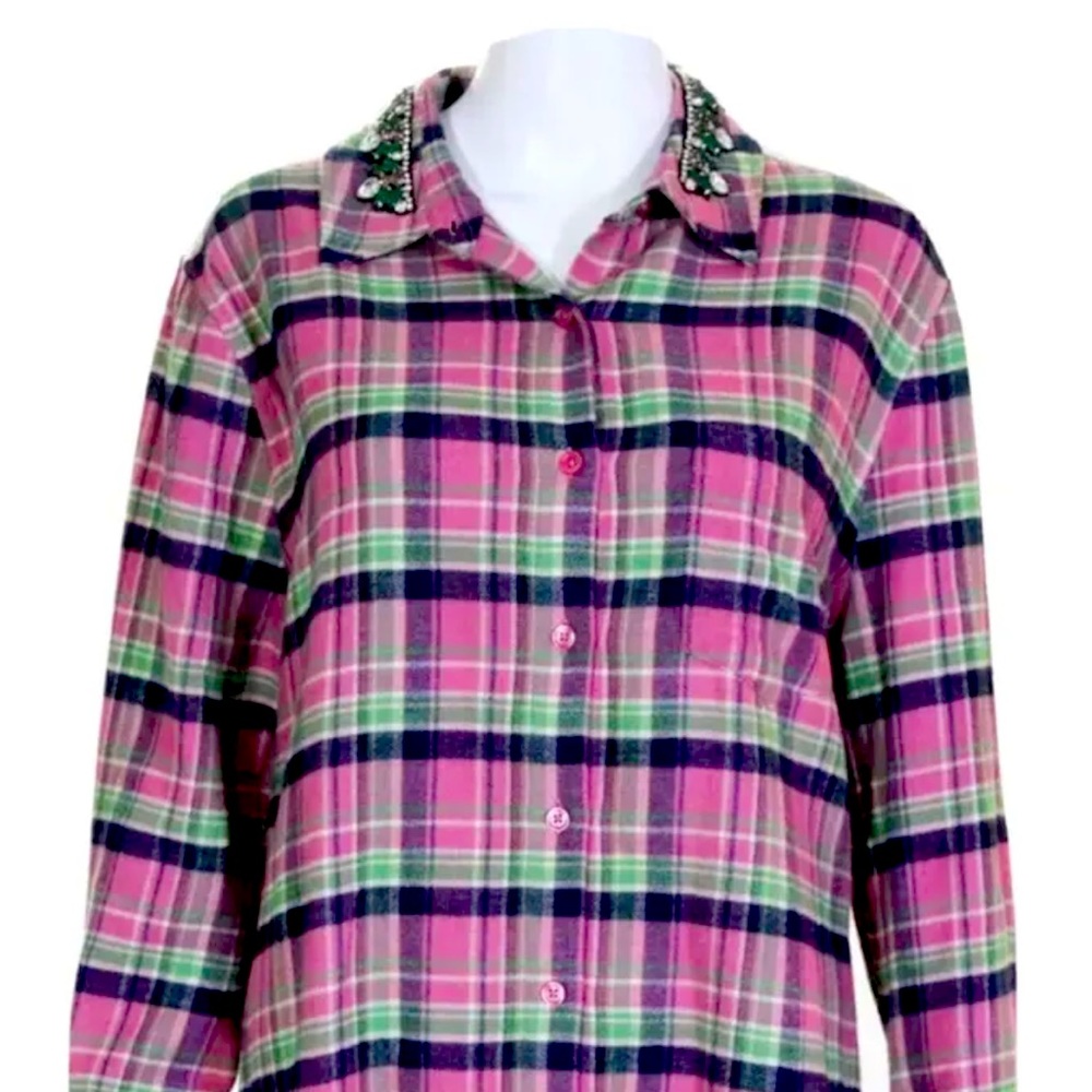 Le Superbe Womens Flannel Plaid Shirt With Jeweled Neck. Pink Size 10.